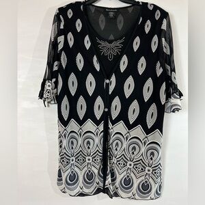 Women’s Black White Silver Blouse Appointments Crystal Buttons Bow Ties Sz 2XL